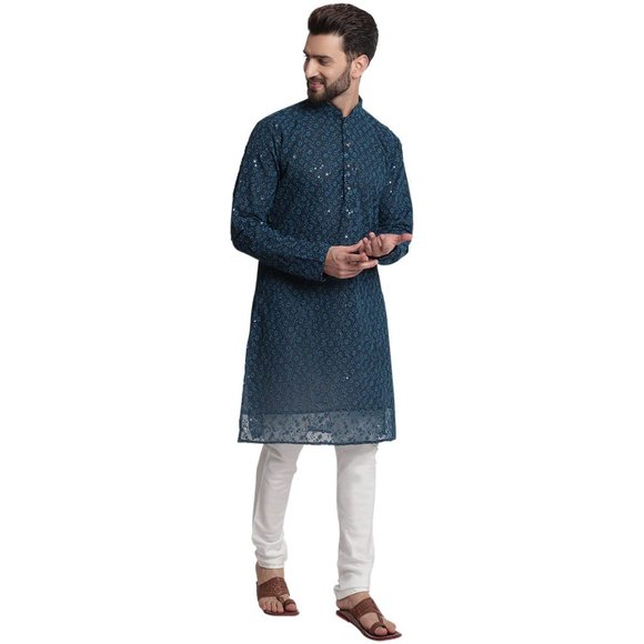 Georgette Floral Embroidery Blue Kurta Pyjama Set For Men Wedding/ Party Wear - Picture 2 of 6